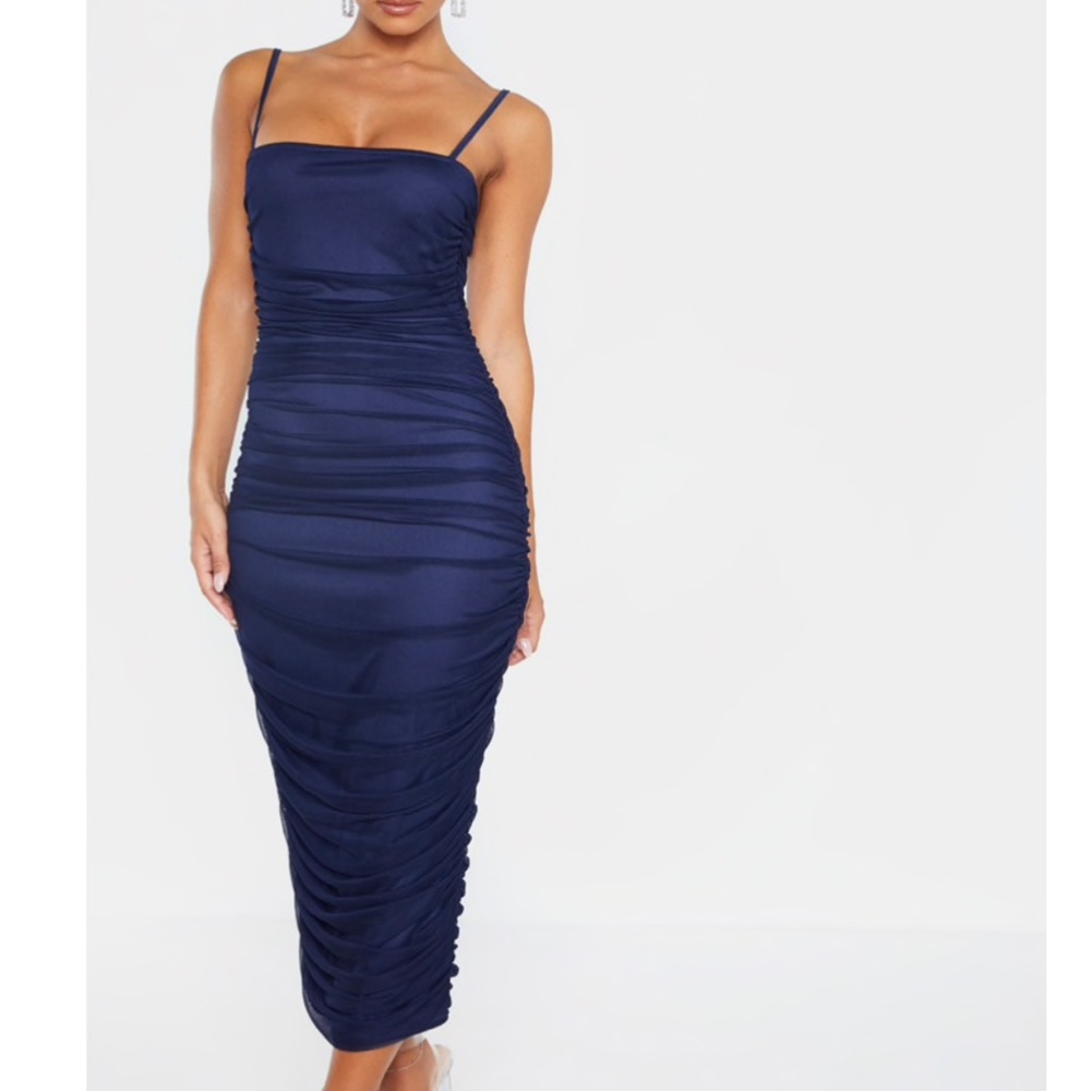 NWT PrettyLittleThing Navy Strappy Ruched Dress